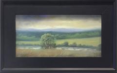 Catskill View (Landscape Pastel Drawing of Green Country Field & Blue Mountains)