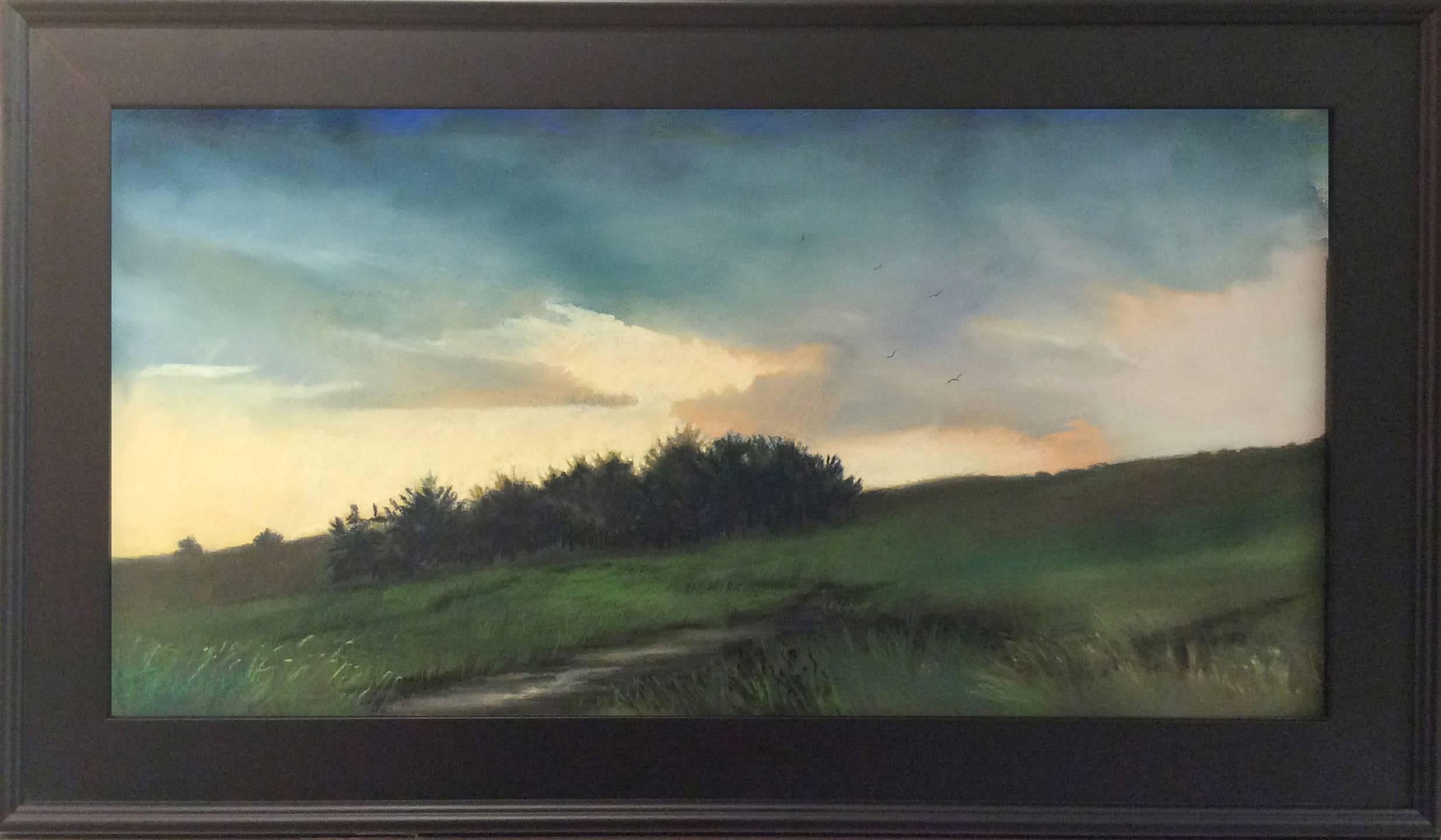 Light Lifting (Pastoral Landscape Drawing of Green Country Field at Sunset) - Art by Judy Reynolds