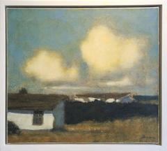 Bay Houses (Modern Landscape Oil Painting of White Country House Under Blue Sky)
