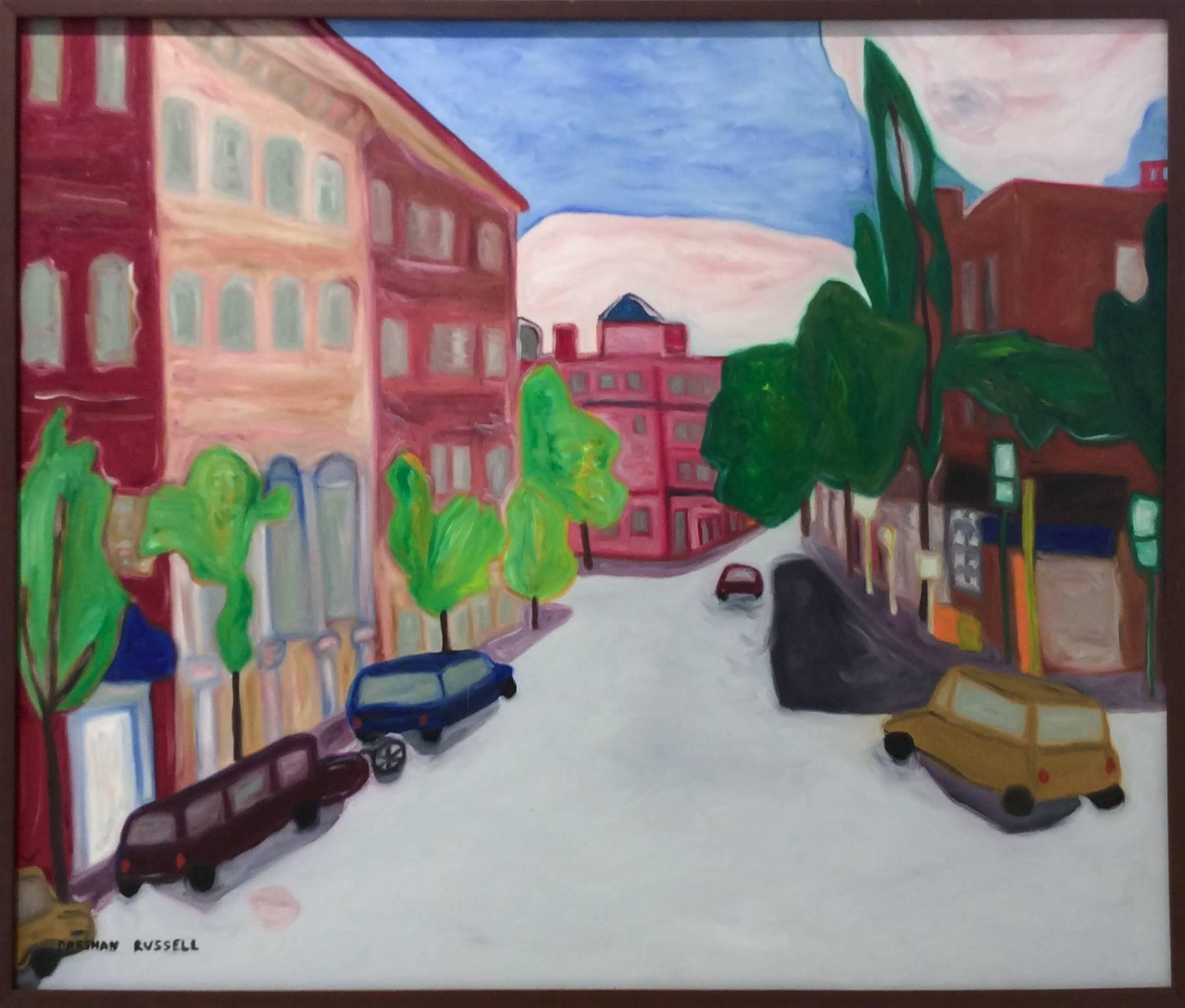 Darshan Russell Landscape Painting - Portland, Maine: Modern, Naive Style Cityscape of Red Brick Buildings & Blue Sky