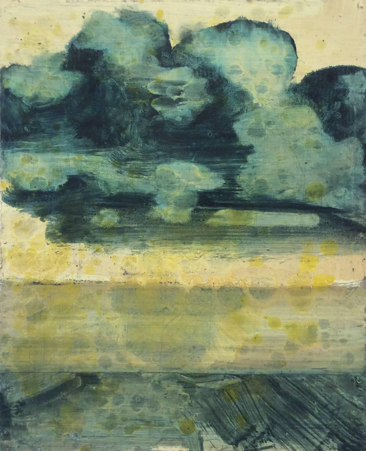 David Konigsberg Landscape Painting - Dark Cloud Horizon (Modern, Small Landscape Oil Painting of Grey-Blue Cloud)