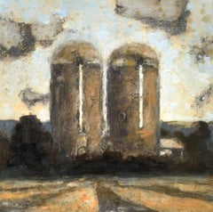 Two Silos (Modern, Landscape Painting of Country Farm in Warm Brown & Yellow)