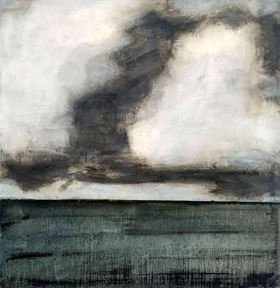 Cumulus (Modern, Gestural Landscape Painting of Grey Cloud & Oxford Blue Field)