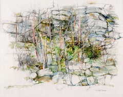Thicket (Modern, Impressionistic Rock Landscape Drawing in Green Earth Tones)