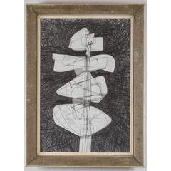 Totem Infanta #14 (Modern, Abstract Cubist Style Drawing in Vintage Frame) 4
