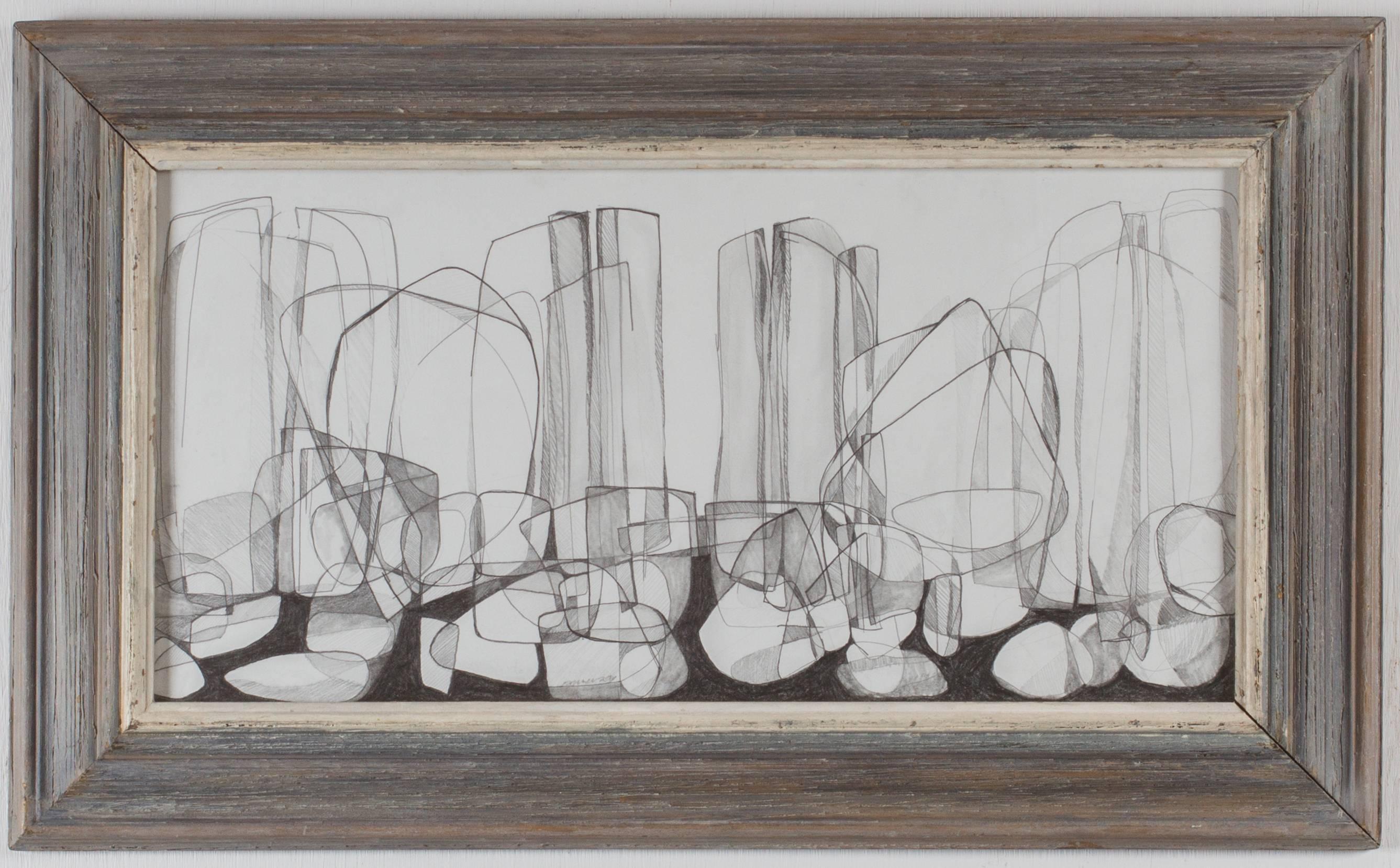 Corinth Canal II (Abstract, Cubist Style Graphite Drawing in Vintage Frame)