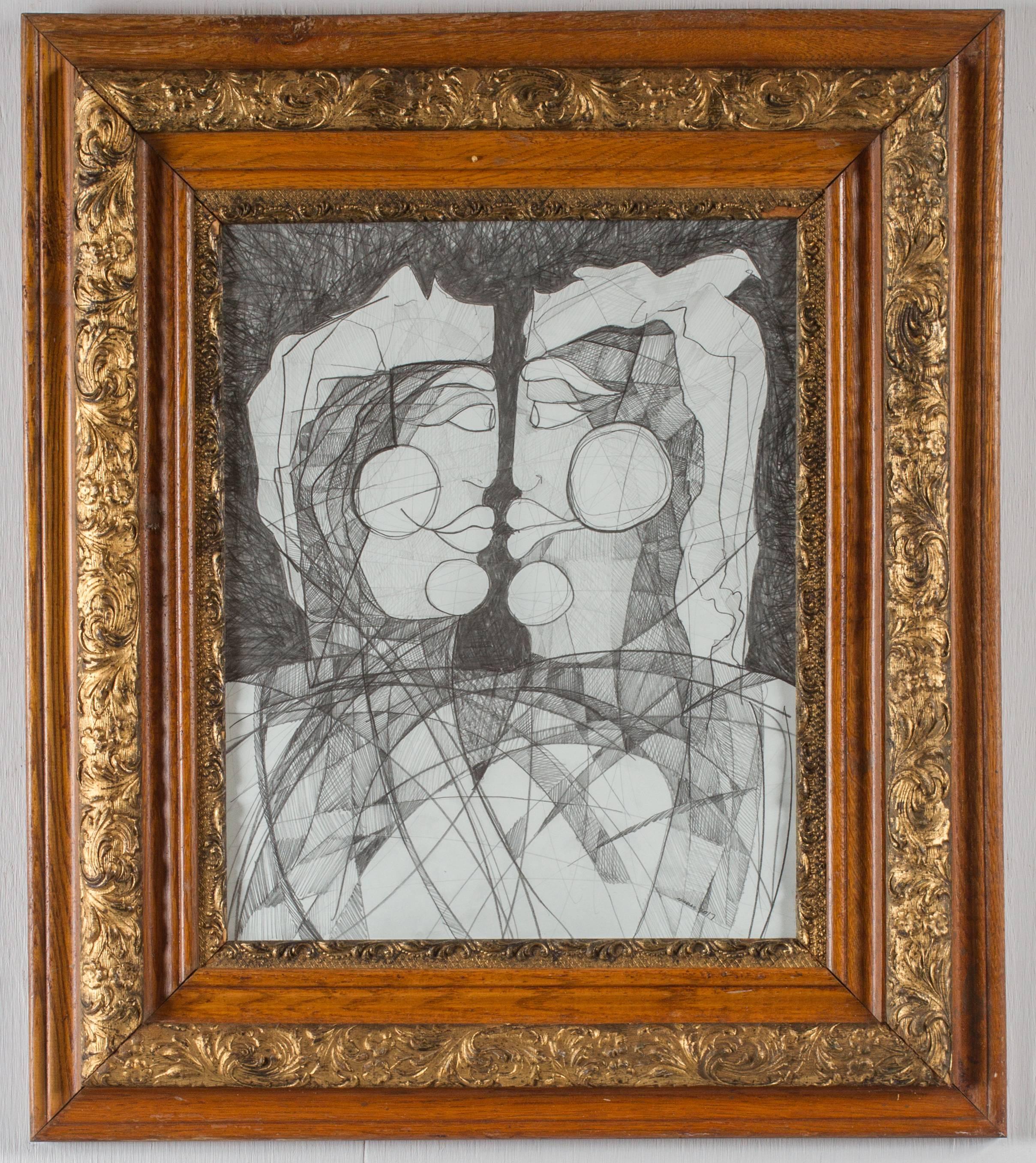 Janus Woman #2 (Abstract Figurative Portrait Drawing on Paper in Antique Frame)
