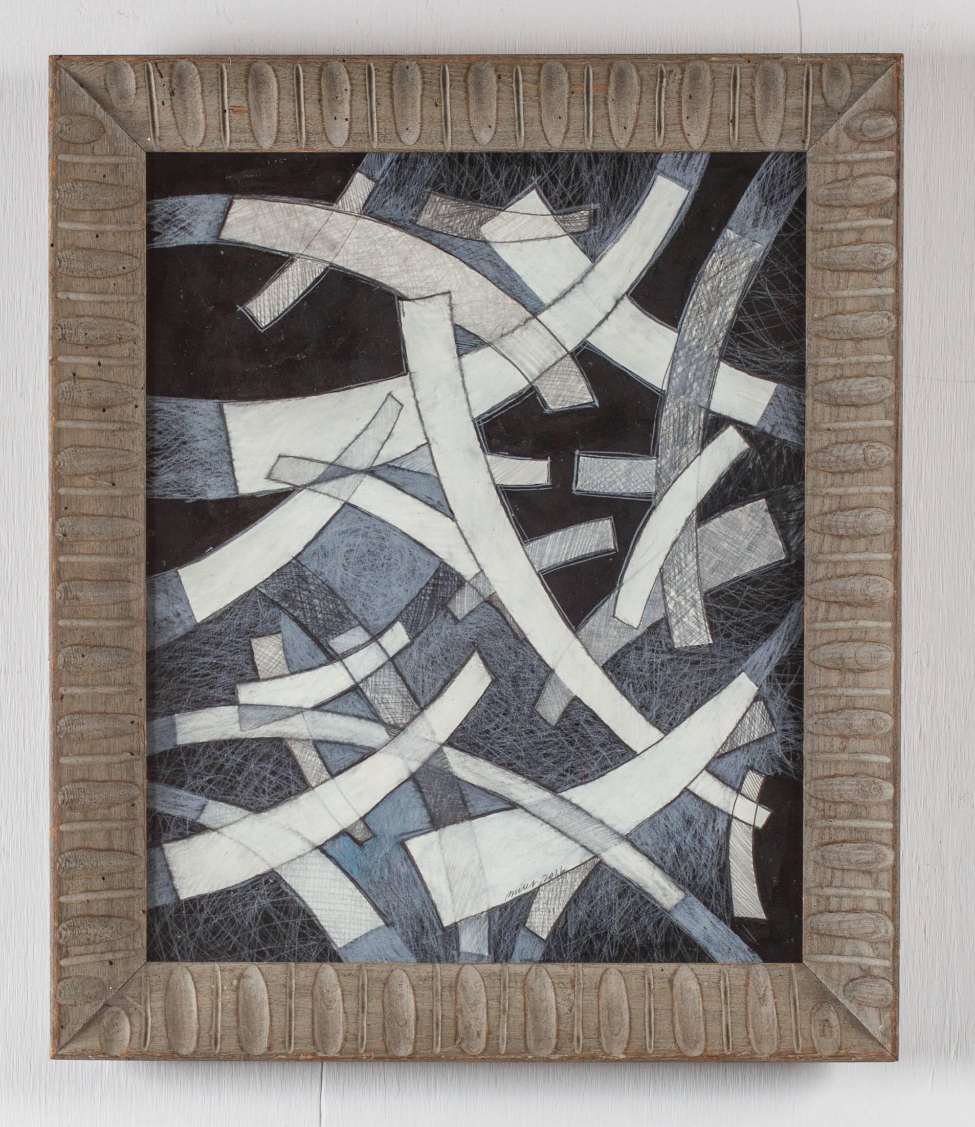 David Dew Bruner Abstract Drawing - Arcs II (Modern, Constructivist Style Drawing in Light Blue, White & Black)