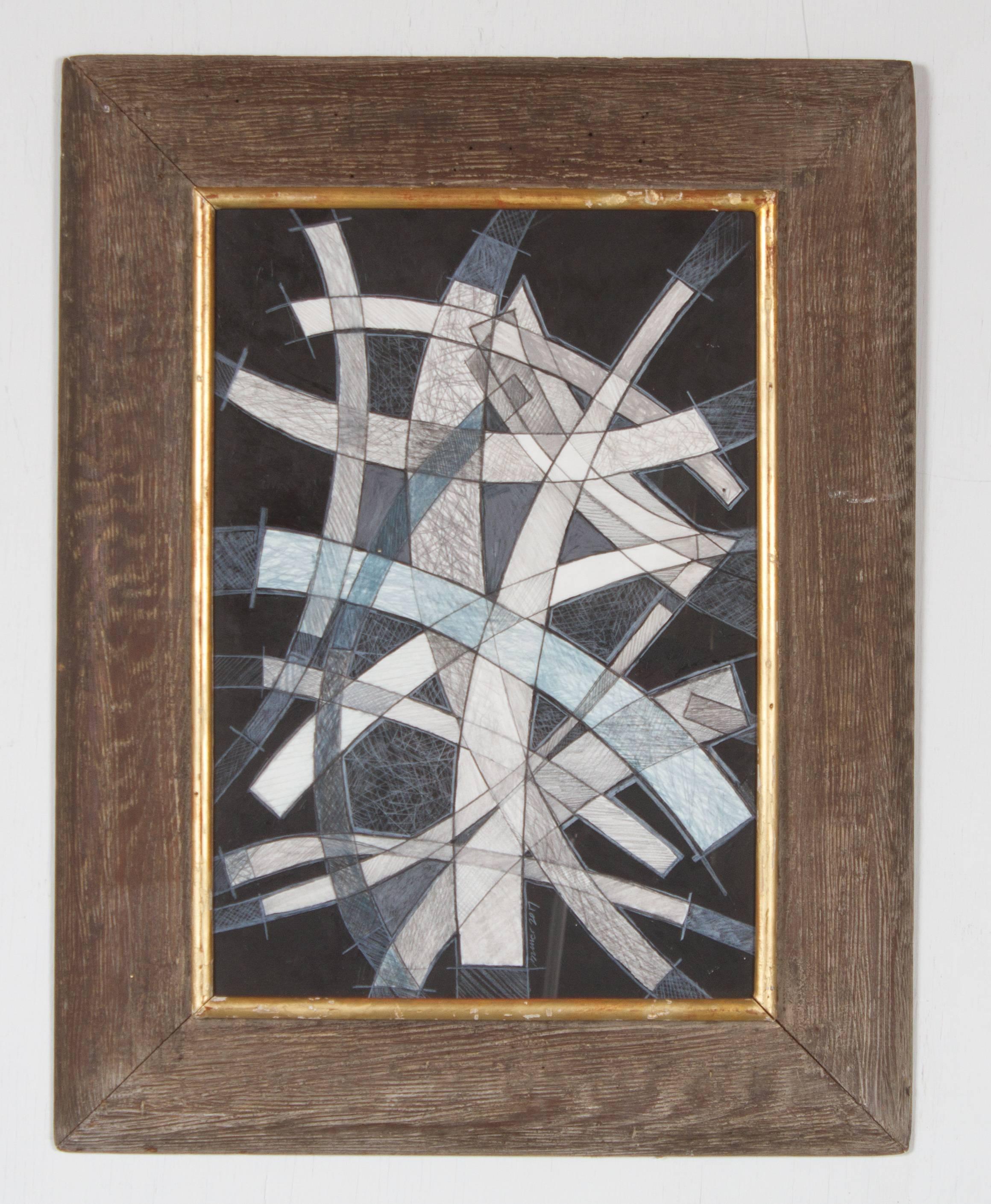 Abstract Drawing David Dew Bruner - Graphique dessin abstrait sur papier dans un cadre en bois ancien Arcs VI 