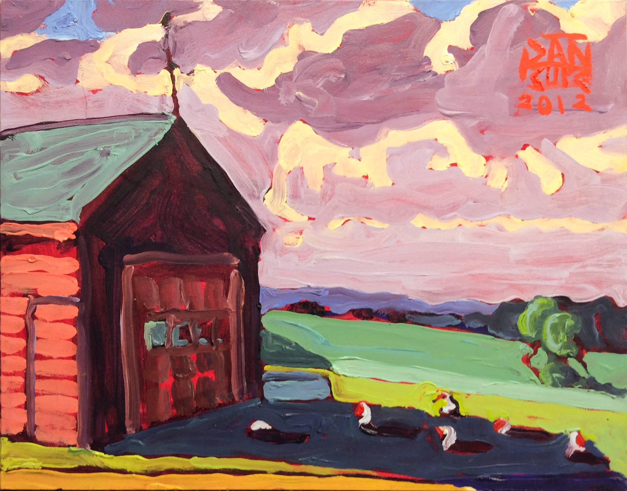 Dan Rupe Landscape Painting - Ducks in the Shade (Small Abstract Landscape of Red Barn in Green Field)