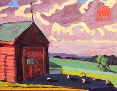 Ducks in the Shade (Small Abstract Landscape of Red Barn in Green Field)