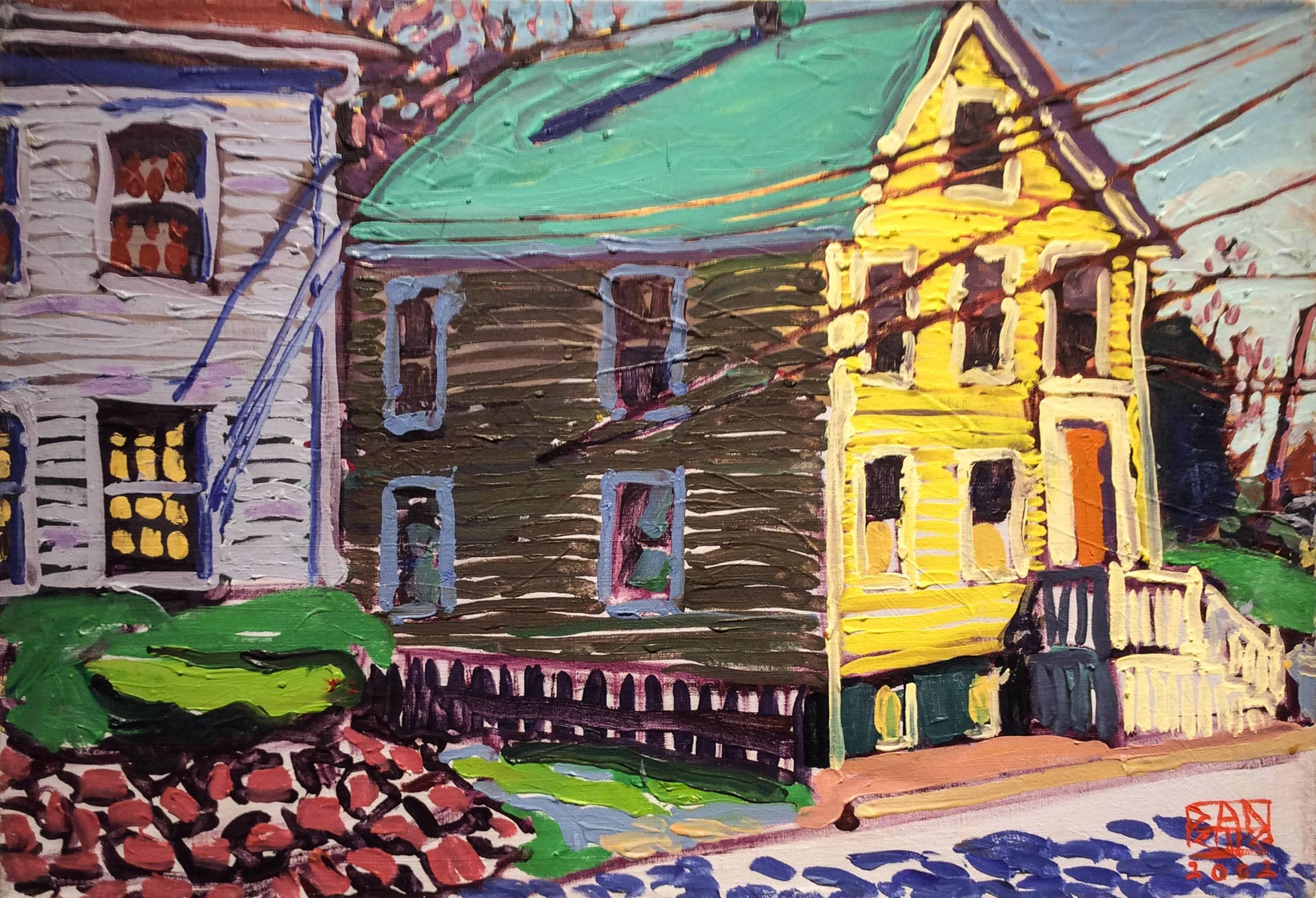 Dan Rupe Landscape Painting - Yellow House on Bradford (Fauvist-Style Suburban Landscape Oil Painting)