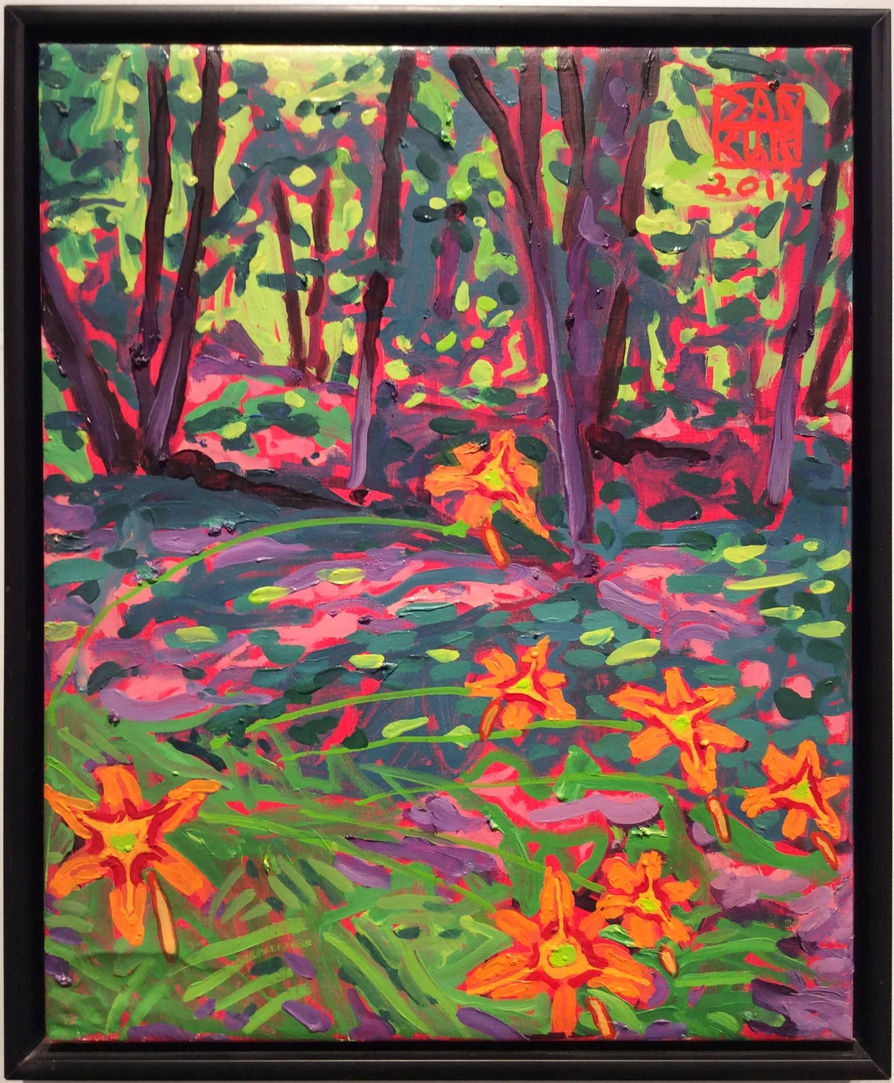 Contemporary abstracted landscape painting of bright orange forest lilies in a wooded forest. 
Oil on canvas in dark wood frame
22 x 18 inches

This vibrant, Fauvist-style vertical landscape painting of tangerine-colored tiger lily flowers against a