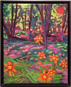 Forest Lilies (Modern Abstracted Landscape Painting of Orange Lilies on Green)