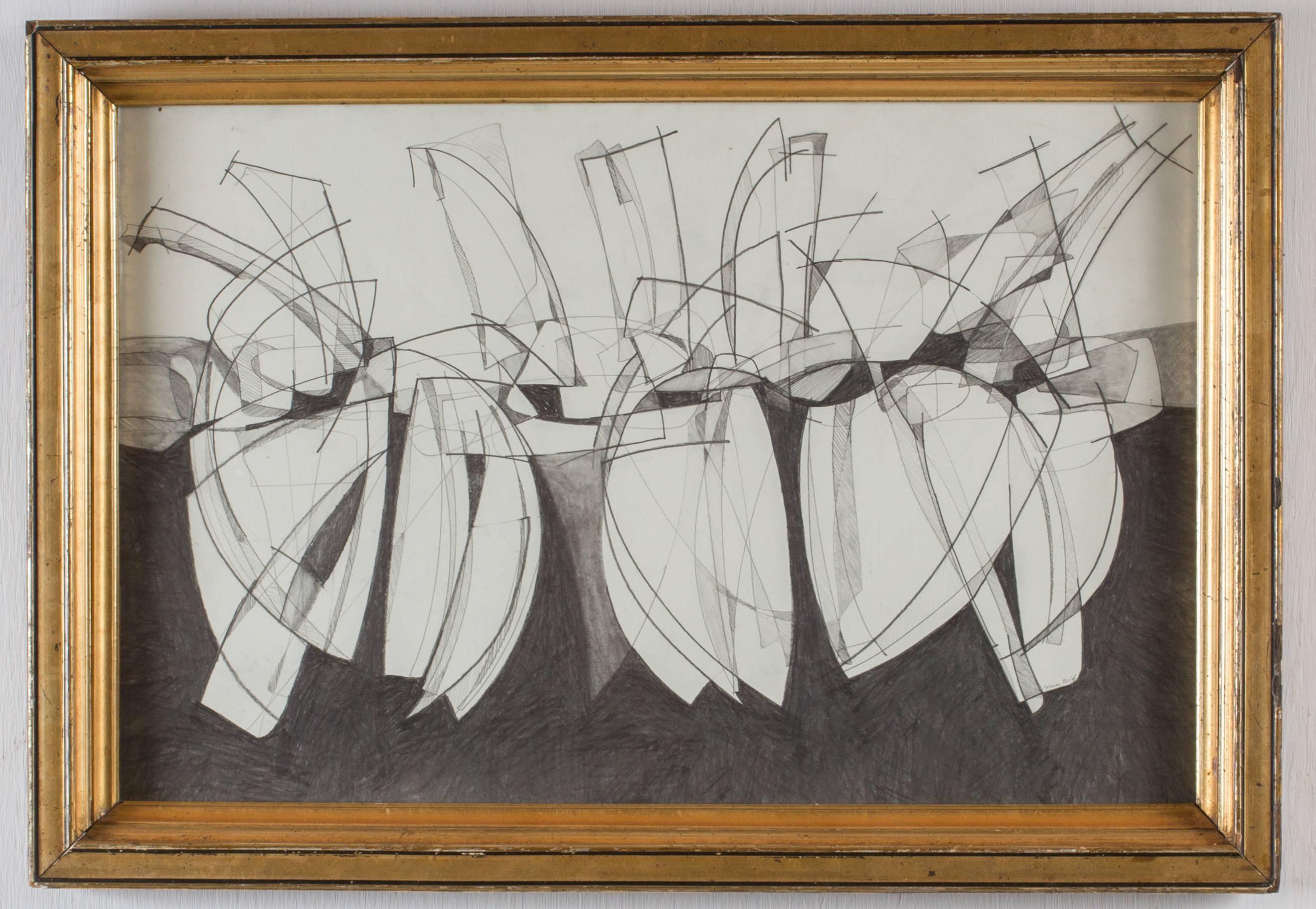 Balla Duchamps #1: Modern, Abstract Futurist Style Drawing in Antique Gold frame