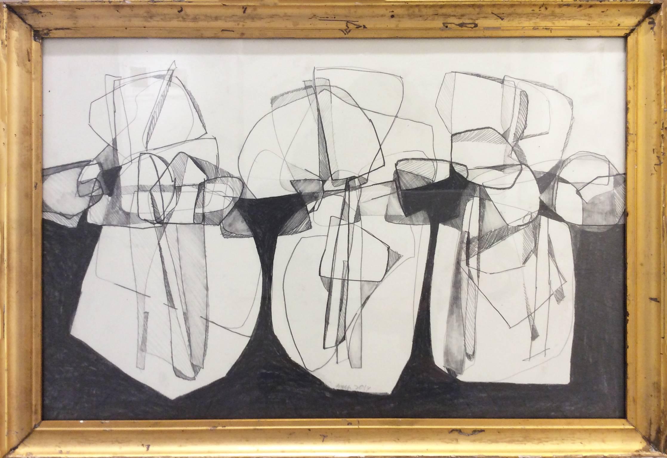 Balla Duchamp, Diptych: Black & White Abstract Drawing in Antique Gold Frames - Art by David Dew Bruner