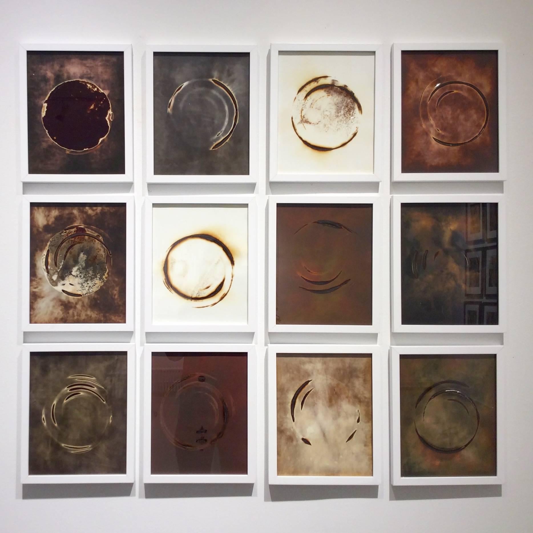 Birgit Blyth Abstract Photograph - Haiku Grid (12 Framed Earth-Toned Abstract Circular Images, Grid Installation)