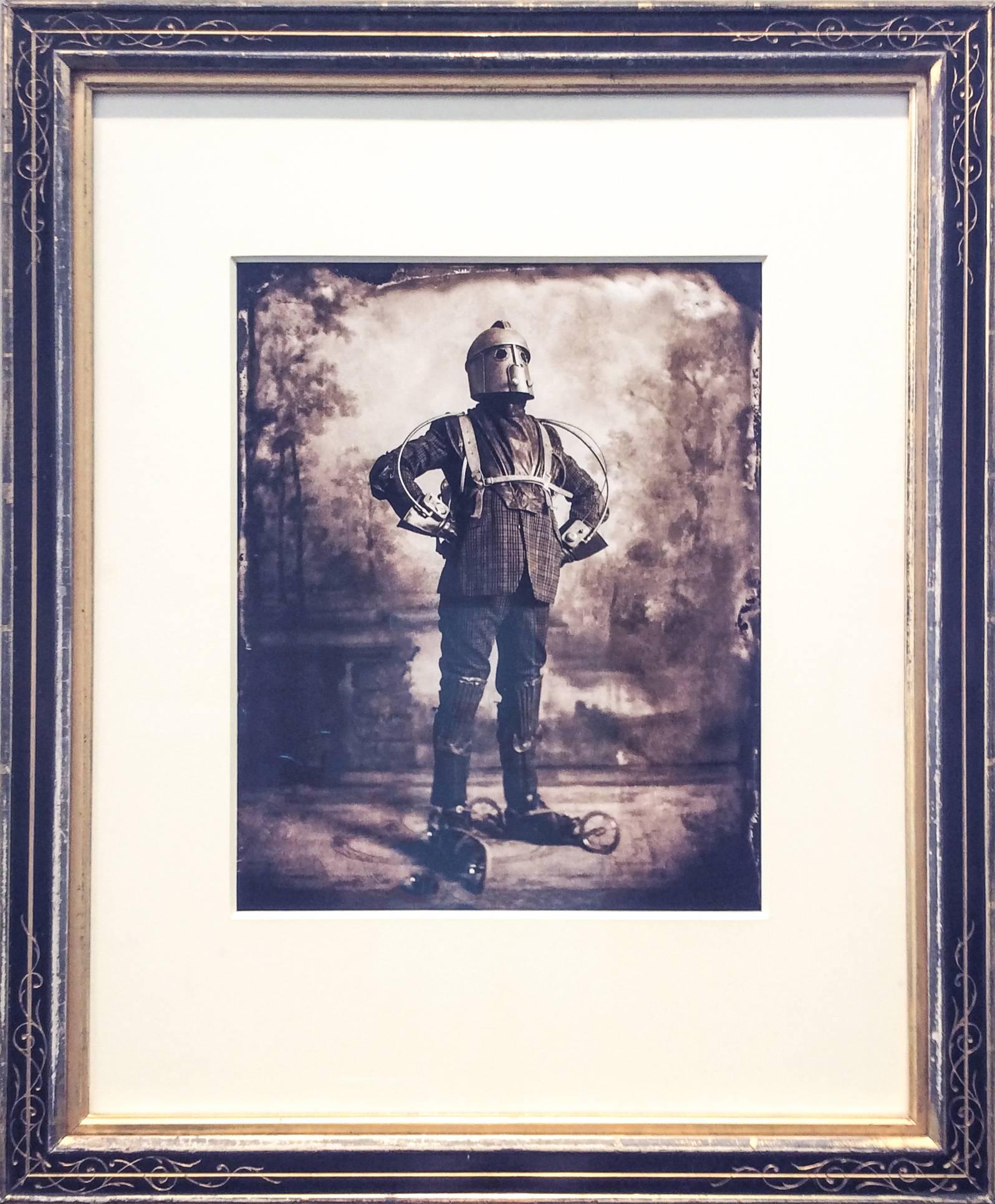Nick Simpson Black and White Photograph - The Perambulator: Surreal, Vintage Style Sepia "Steampunk" Man in Antique Frame