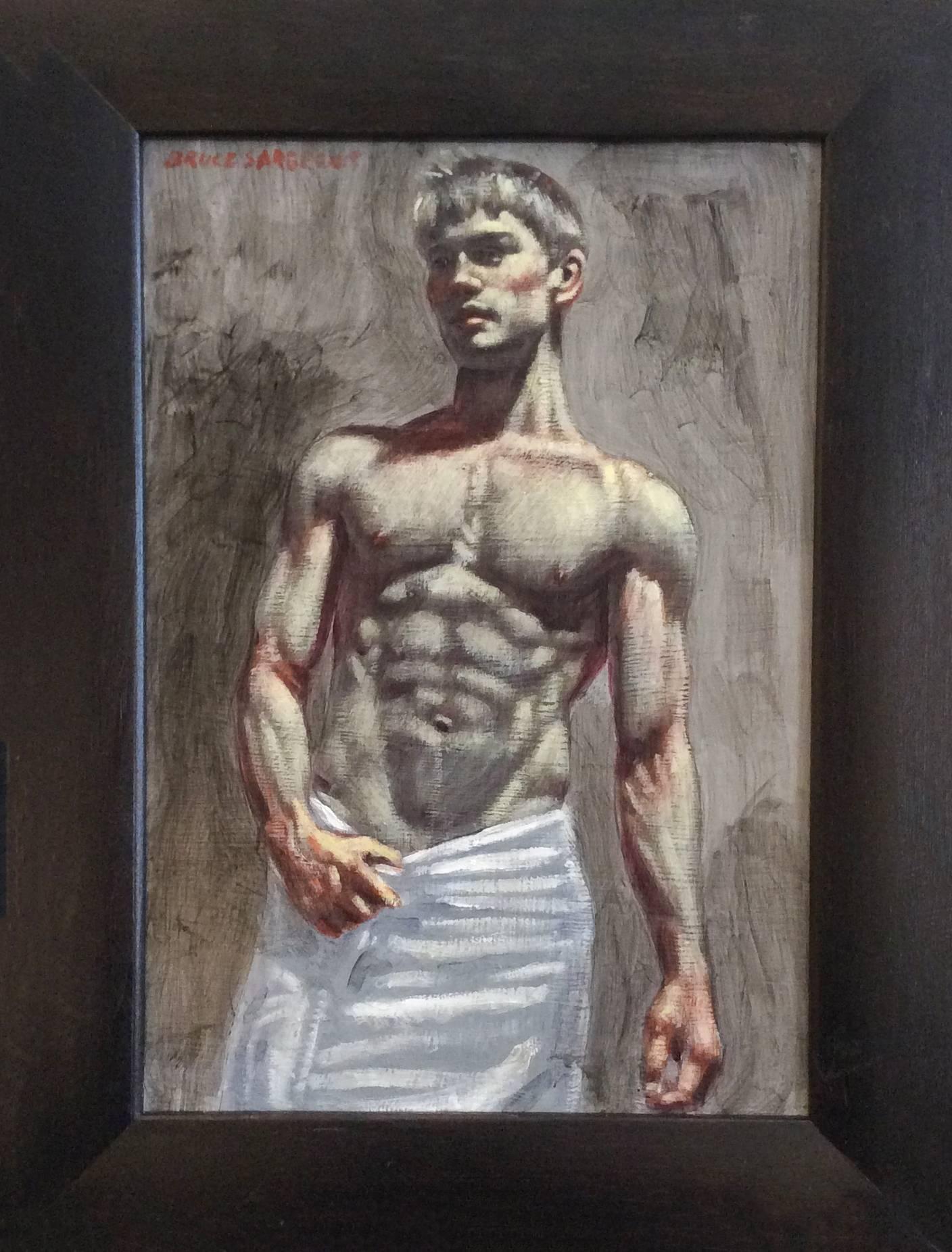 Mark Beard Figurative Painting - In the Locker Room (Oil Painting of Male Nude wrapped in White Towel)