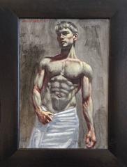 In the Locker Room (Oil Painting of Male Nude wrapped in White Towel)