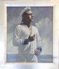 Marin avec une cigarette : Peinture à l'huile figurative d'un homme marin en bleu et blanc