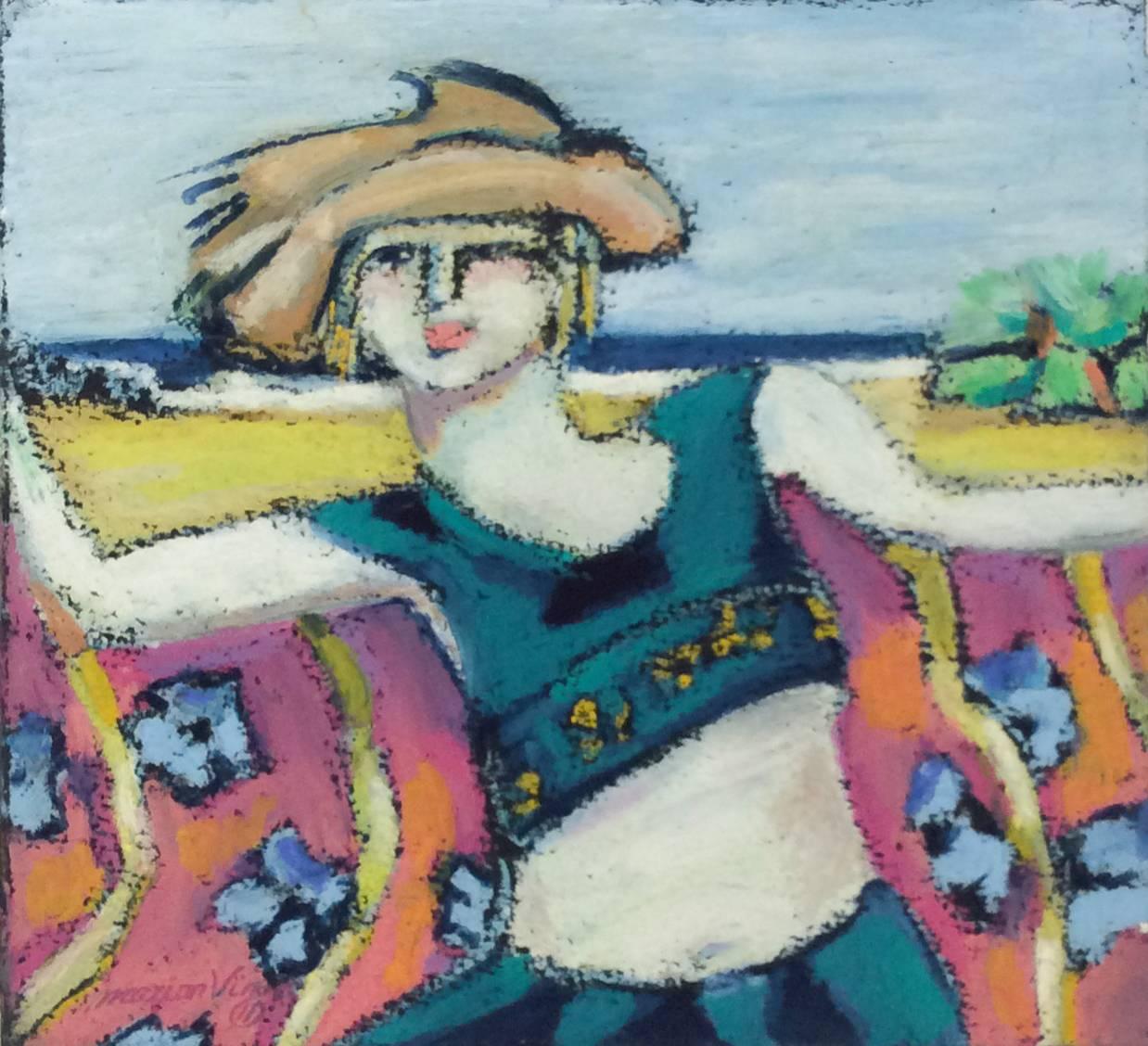 Marion Vinot Landscape Art - Seaside (French Nabis Expressionist Pastel Drawing of a Young Girl at the Beach)