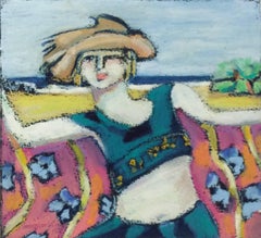 Seaside (French Nabis Expressionist Pastel Drawing of a Young Girl at the Beach)