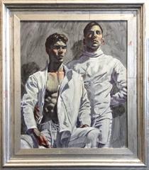 Two Fencers (peinture à l'huile figurative de deux hommes athlétiques dans un cadre à feuilles d'argent