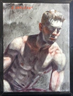 Toned Torso (Small, Academic Style Figurative Oil Painting of Seated Male Nude)