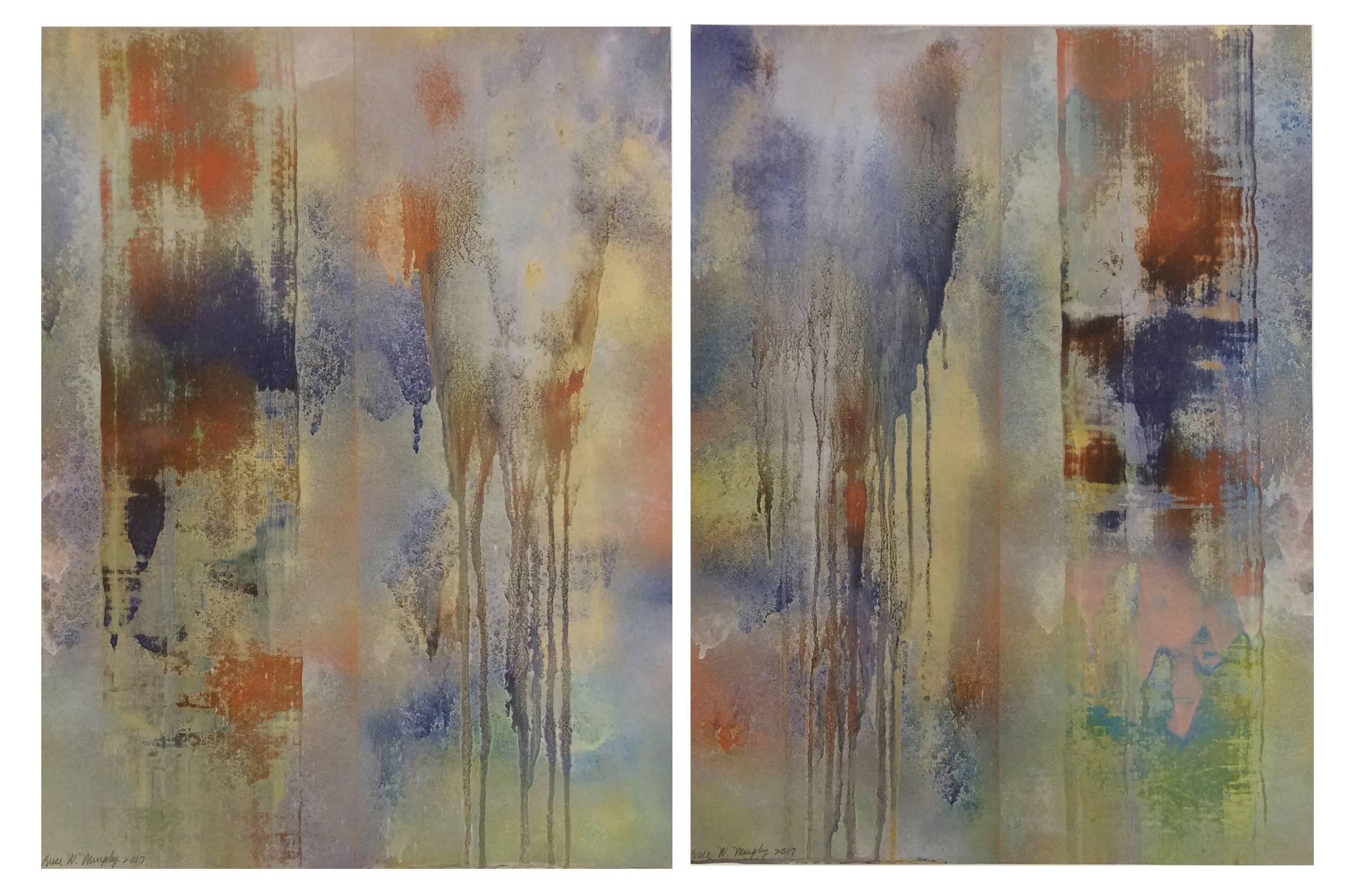 Blue Veils (Pair of Abstract Paintings on Paper, Blue & Orange Metallic Powder)