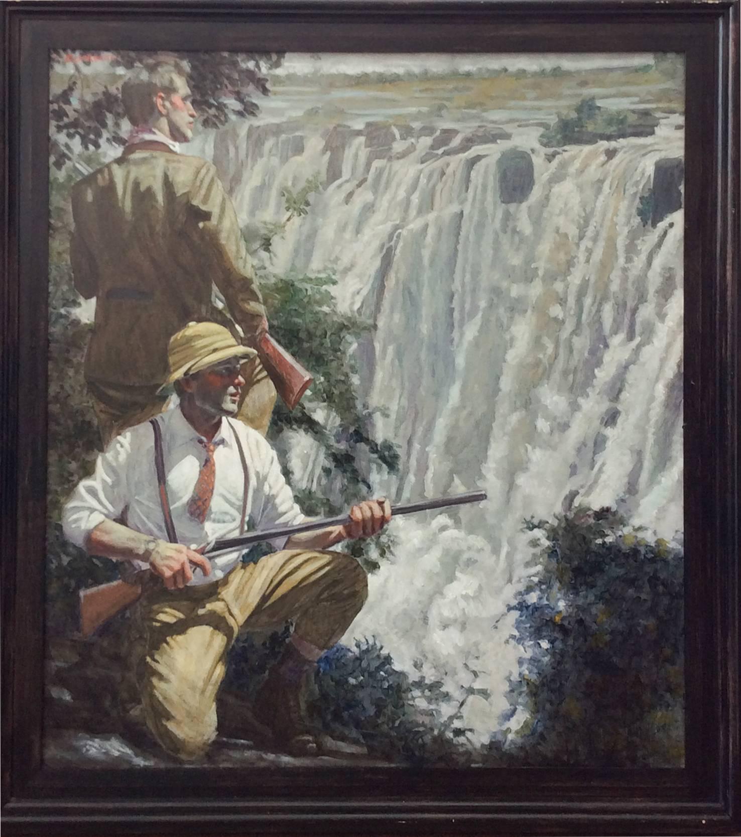 Mark Beard Figurative Painting - Waterfall (Figurative Oil Painting of Two Men Hunting and a Waterfall)