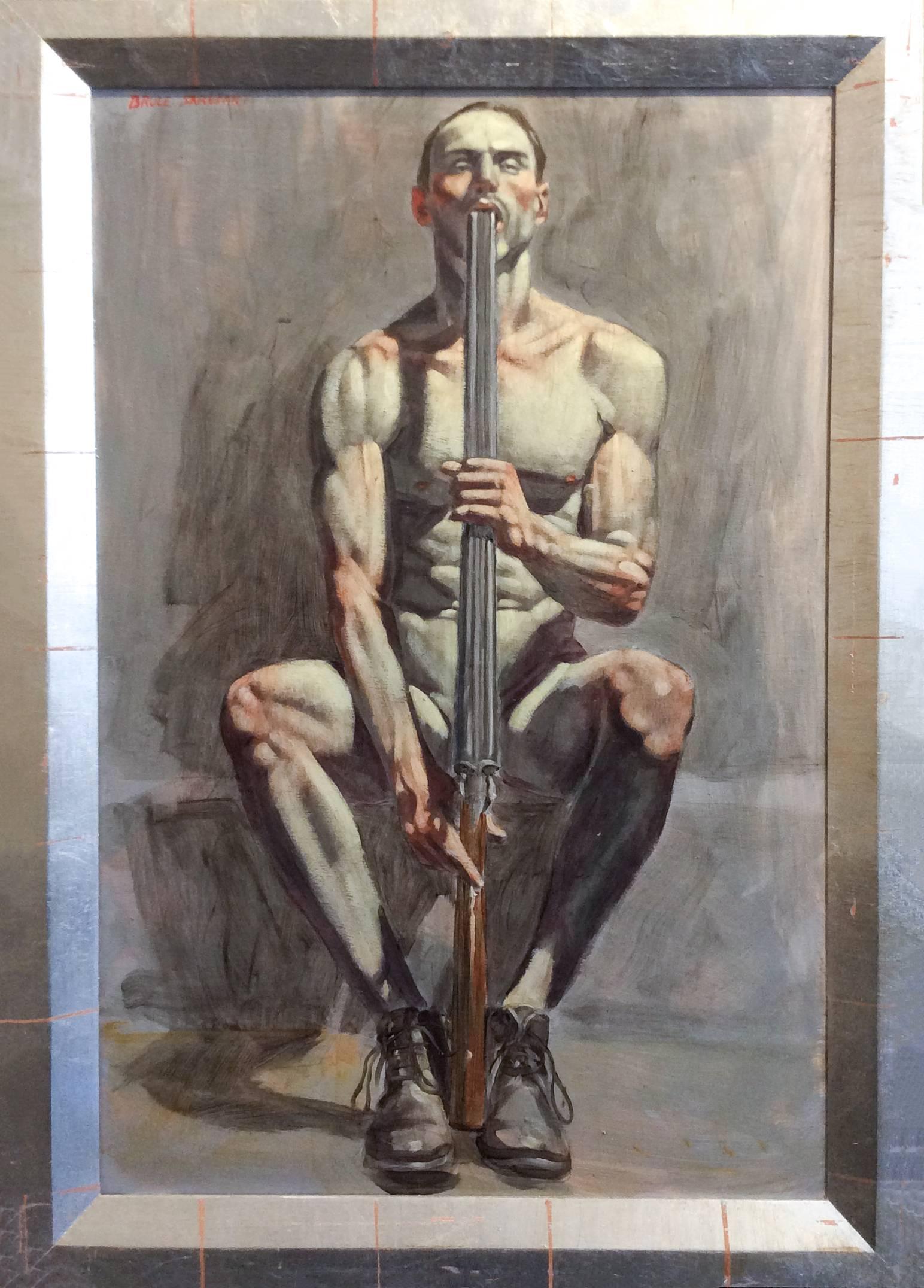 Mark Beard Nude Painting - Armed with Rifle (Vertical Figurative Oil Painting of Nude Man with Rifle)