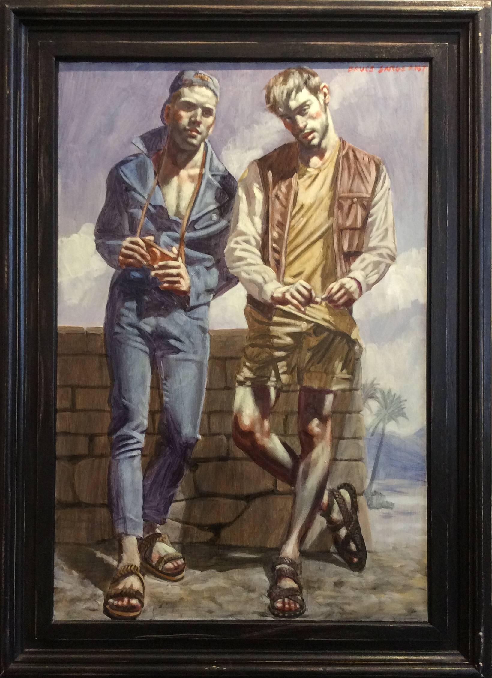 Mark Beard Figurative Painting - Two Young Men in Sandals (Framed Vertical Figurative Oil Painting on Canvas)