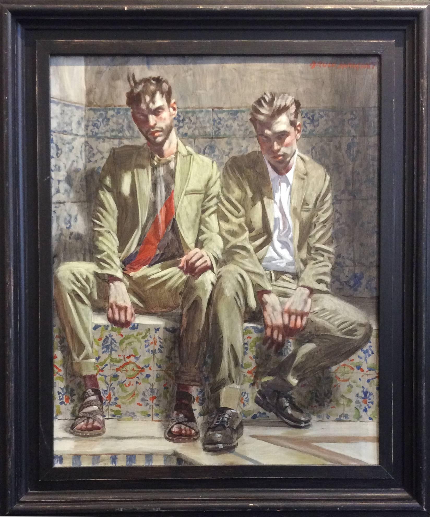 Mark Beard Figurative Painting - Two Men on Painted Tile (Figurative Oil Painting of Two Slouching Men in Suits)
