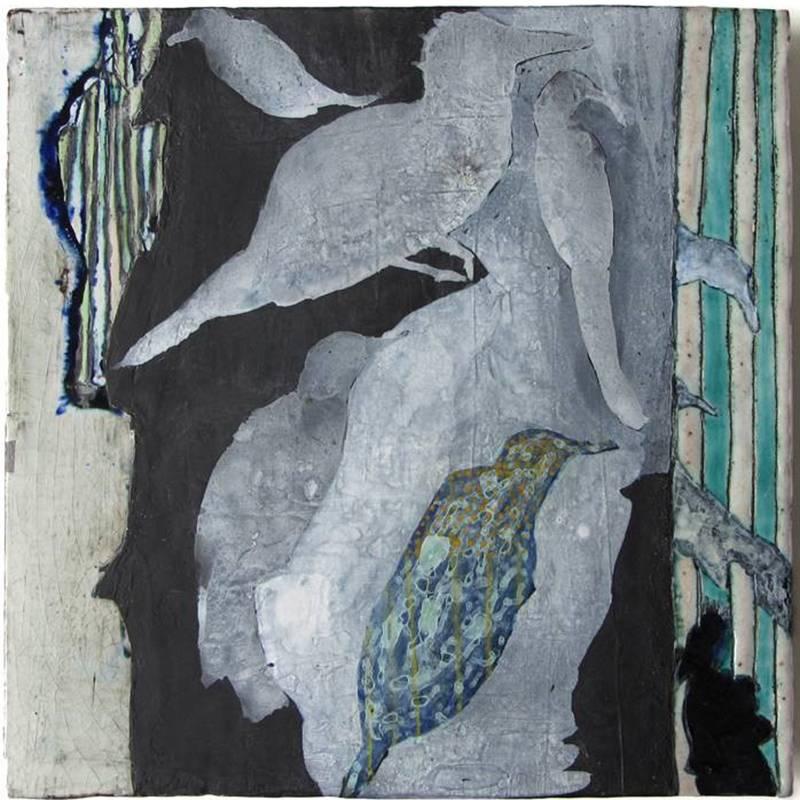 Birds and Geometry, No. 3 (Hanging Ceramic Tile with Abstract Bird Design) - Mixed Media Art by Anne Francey