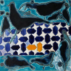 Birds & Geometry, No. 1: Abstract Ceramic Work on Panel, Black Birds & Blue Tile