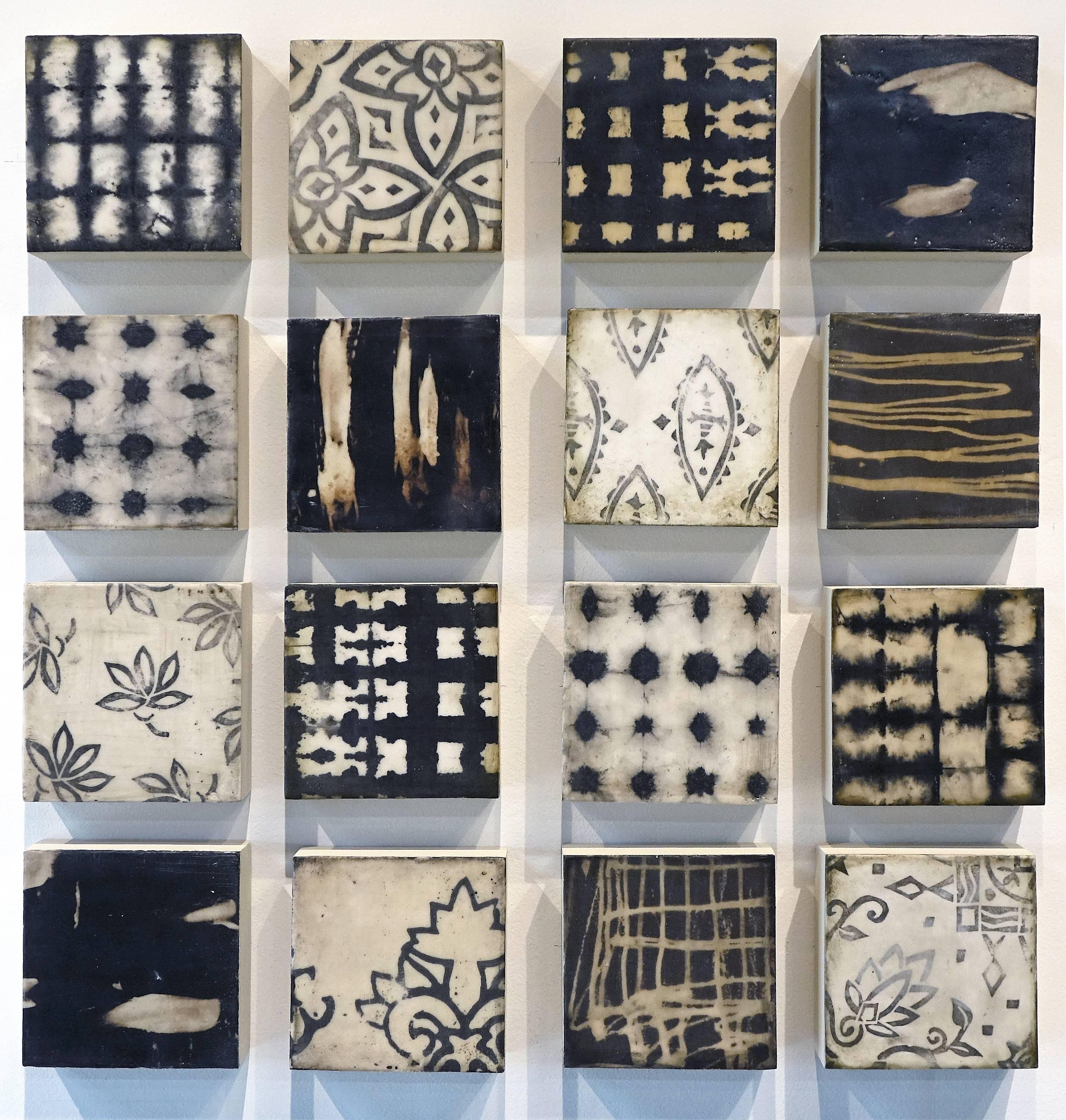 Pattern Play (Grid of Wood Panels with Hand-Dyed Paper & Fabric with Encaustic) - Mixed Media Art by Susan Stover