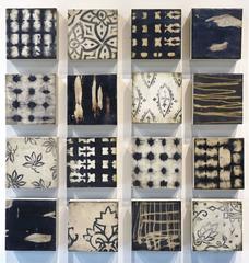 Pattern Play (Grid of Wood Panels with Hand-Dyed Paper & Fabric with Encaustic)