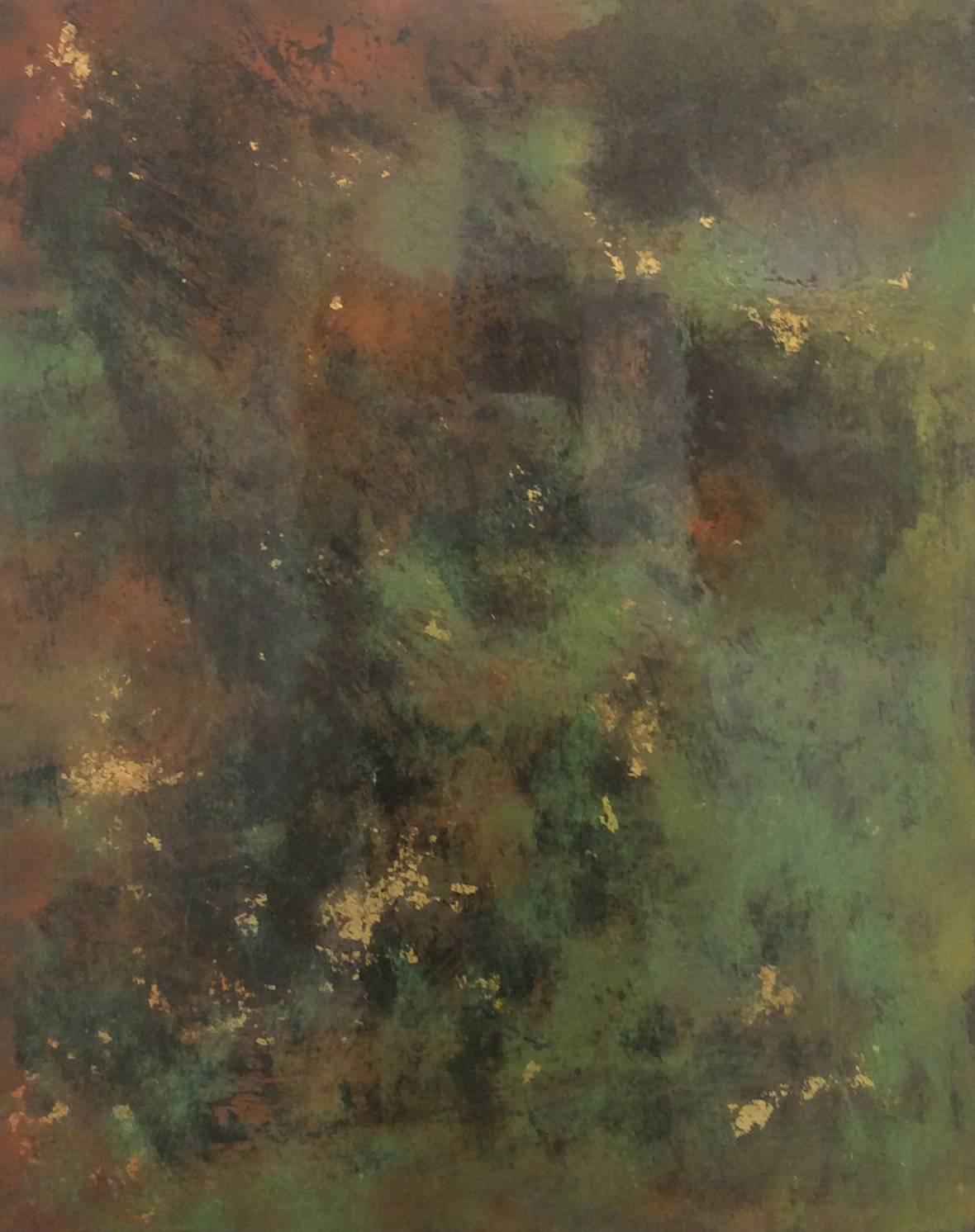 Abstract Painting Bruce Murphy - Une journée à l'extérieur de Paris (peinture abstraite sur métal avec vert, Sienne et or)