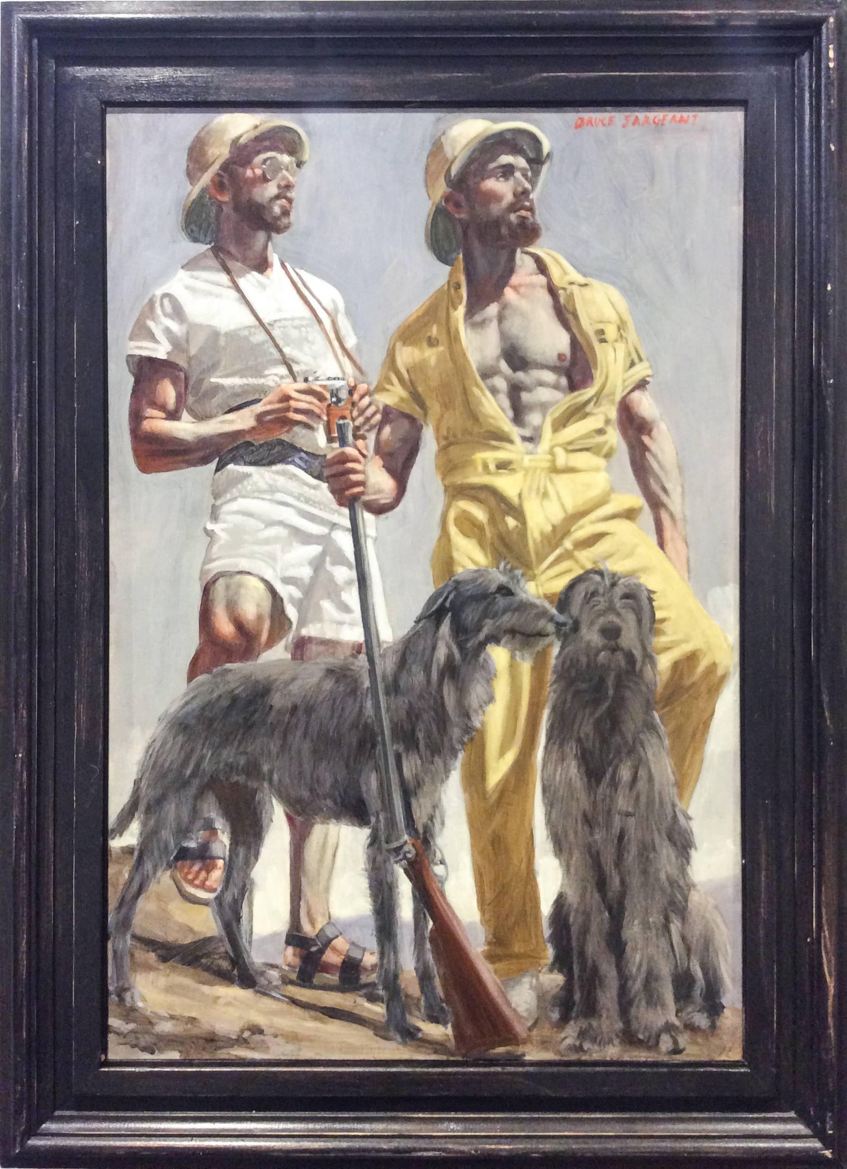 Mark Beard Figurative Painting - Two Men on Safari (Modern Figurative Oil Painting of Two Stylish Men with Dogs)