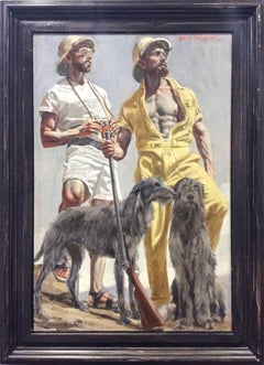 Two Men on Safari (Modern Figurative Oil Painting of Two Stylish Men with Dogs)