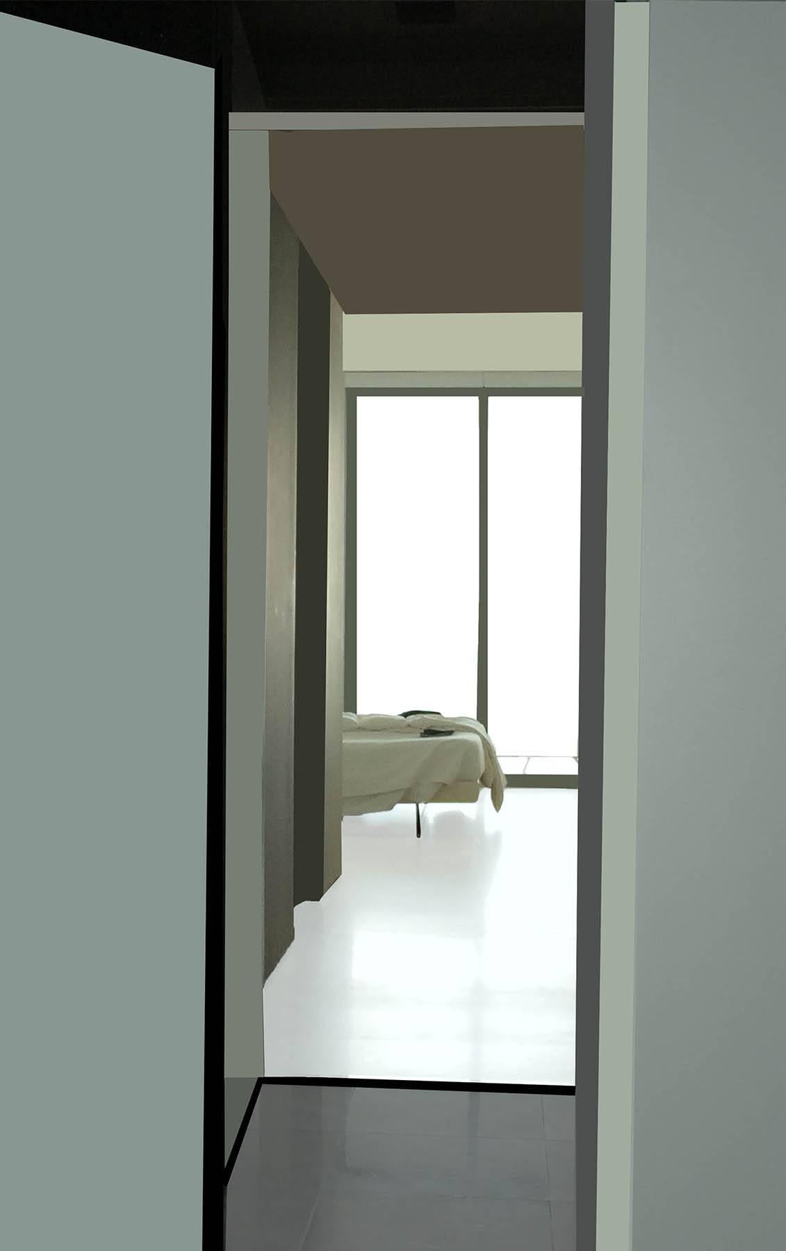 Stephanie Blumenthal Color Photograph - Bed: Contemporary Inkjet Print of Minimalist Interior in Muted Teal, Black Frame