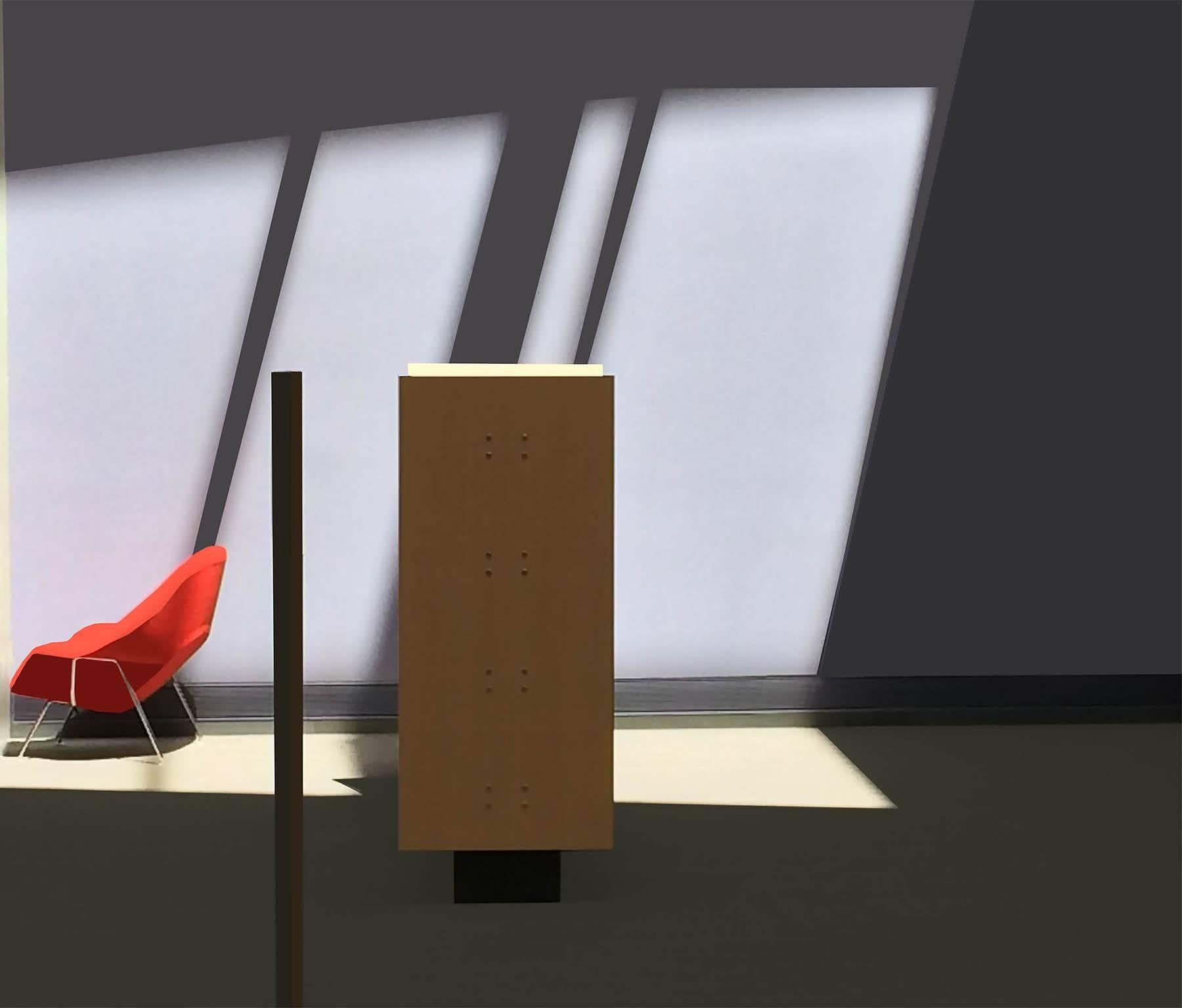 Stephanie Blumenthal Color Photograph - Red Chair (Modern Abstract Inkjet Print of Minimalist Interior in Black Frame)