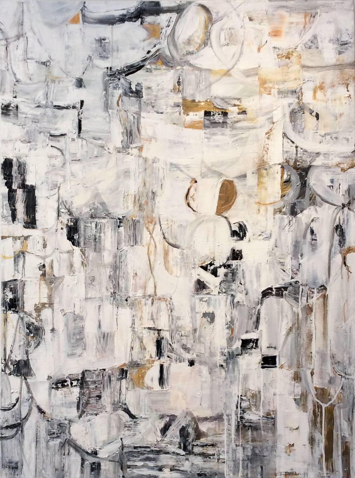 Ragellah Rourke Abstract Painting - Night Music I (Modern Abstract Symbolist Style Painting in White, Back and Gold)