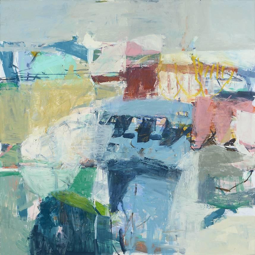 Jenny Nelson Abstract Painting - Side Light (Abstracted Landscape Painting in Blues and Greens)