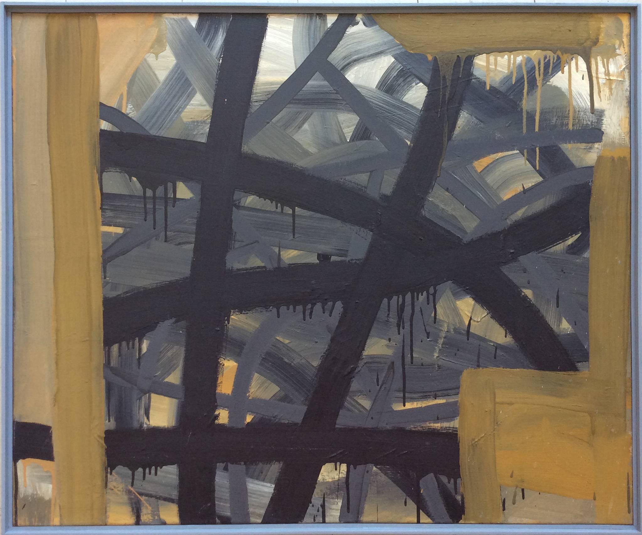 Christopher Engel Abstract Painting - Criss Cross (Abstract Expressionist Oil Painting in Sienna Yellow, Grey, Black)