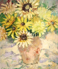 Sunflowers in Beige Vase (Vertical Still Life Oil Painting on Canvas)