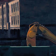 In the Beginning (Oil Painting of Construction Equipment and Building Facade)
