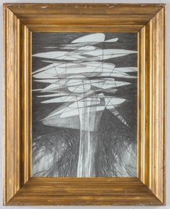 Solar Flower (Modern, Cubist Style Graphite Drawing in Vintage Frame)