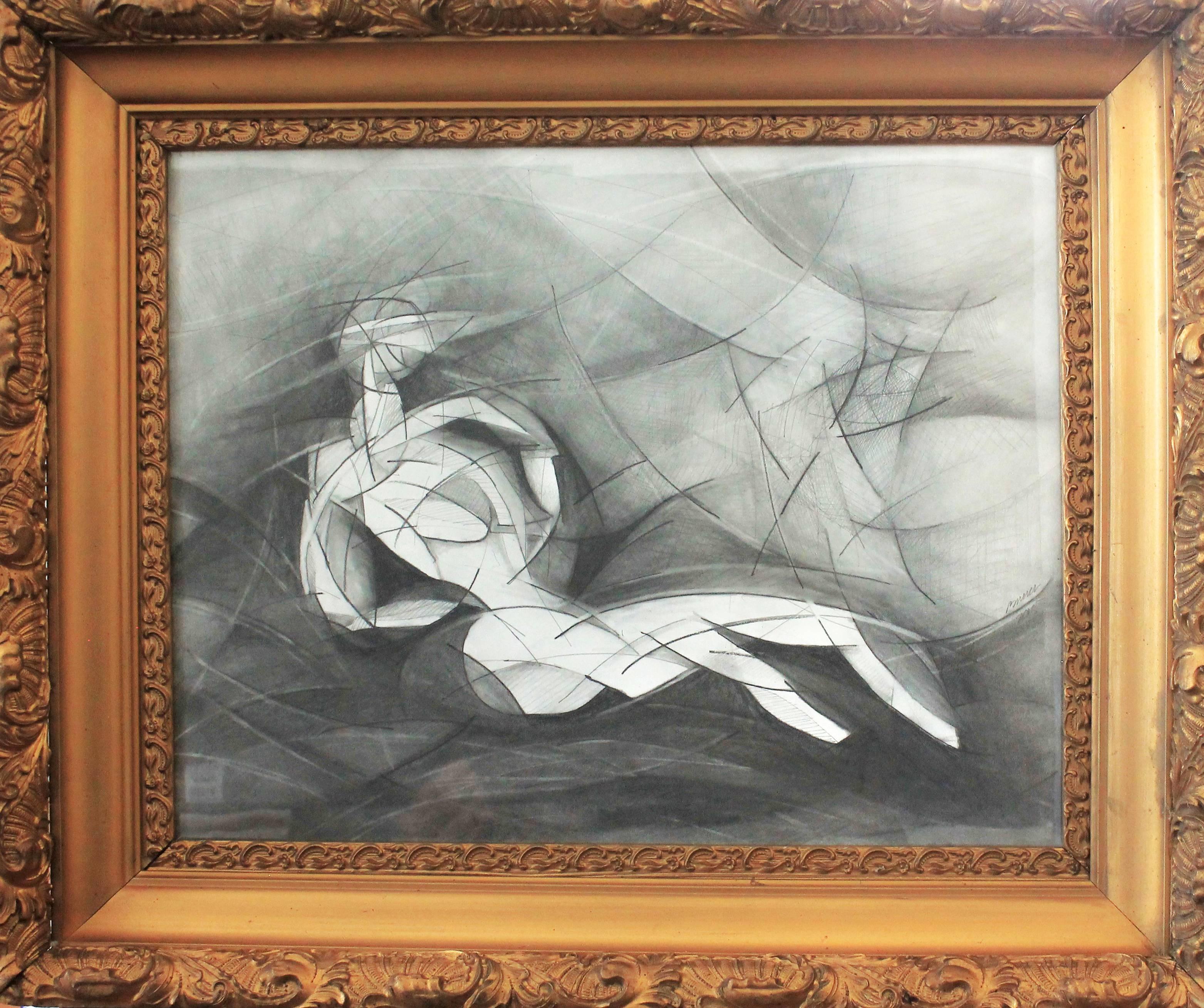 Olympia VIII (Abstract Cubist Style, Modern Graphite Drawing with Vintage Frame)